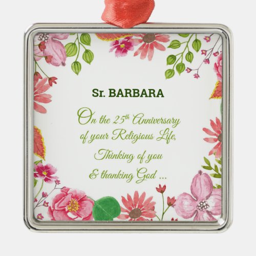 Nun Religious 25th Anniversary Watercolor Flowers Metal Ornament
