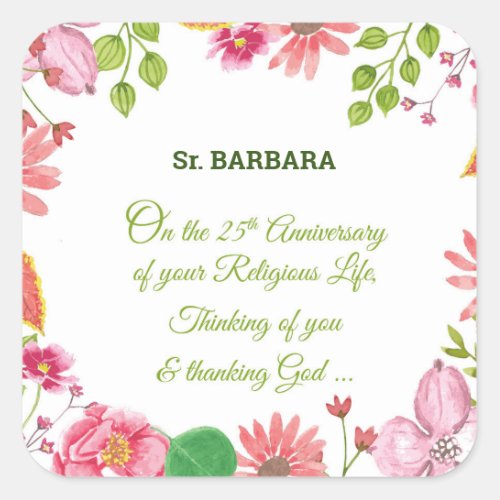 Nun Religious 25th Anniversary Watercolor Flowers Square Sticker