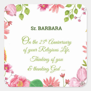 Nun Religious 25th Anniversary Watercolor Flowers Square Sticker