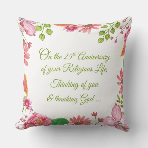 Nun Religious 25th Anniversary Watercolor Flowers Throw Pillow