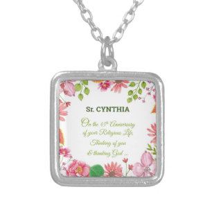 Nun Religious 45th Anniversary Watercolor Flowers Silver Plated Necklace