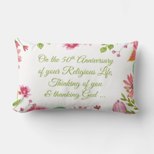 Nun Religious 50th Anniversary Watercolor Flowers Lumbar Pillow