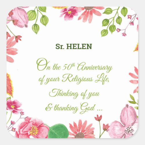 Nun Religious 50th Anniversary Watercolor Flowers Square Sticker