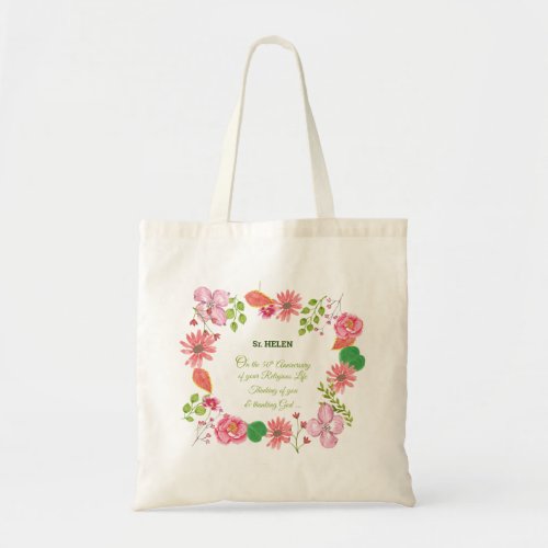 Nun Religious 50th Anniversary Watercolor Flowers Tote Bag