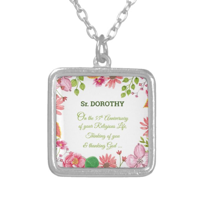 Nun Religious 55th Anniversary Watercolor Flowers Silver Plated Necklace (Front)