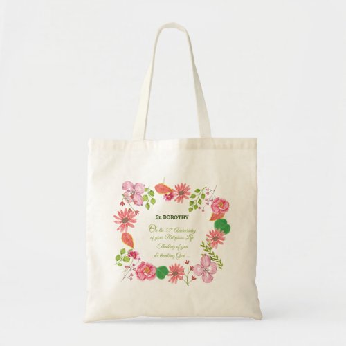 Nun Religious 55th Anniversary Watercolor Flowers Tote Bag