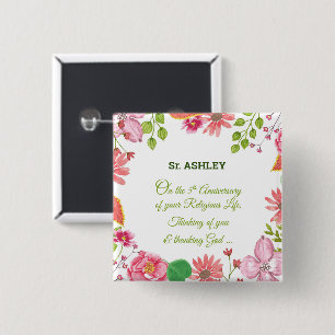 Nun Religious 5th Anniversary Watercolor Flowers Button