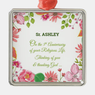 Nun Religious 5th Anniversary Watercolor Flowers Metal Ornament