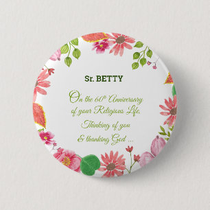 Nun Religious 60th Anniversary Watercolor Flowers Button