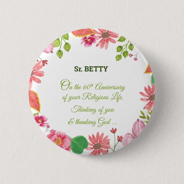 Nun Religious 60th Anniversary Watercolor Flowers Button (Front)