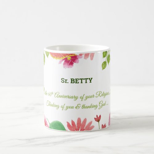Nun Religious 60th Anniversary Watercolor Flowers Coffee Mug