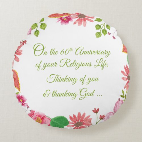 Nun Religious 60th Anniversary Watercolor Flowers Round Pillow