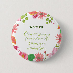 Nun Religious 70th Anniversary Watercolor Flowers Button