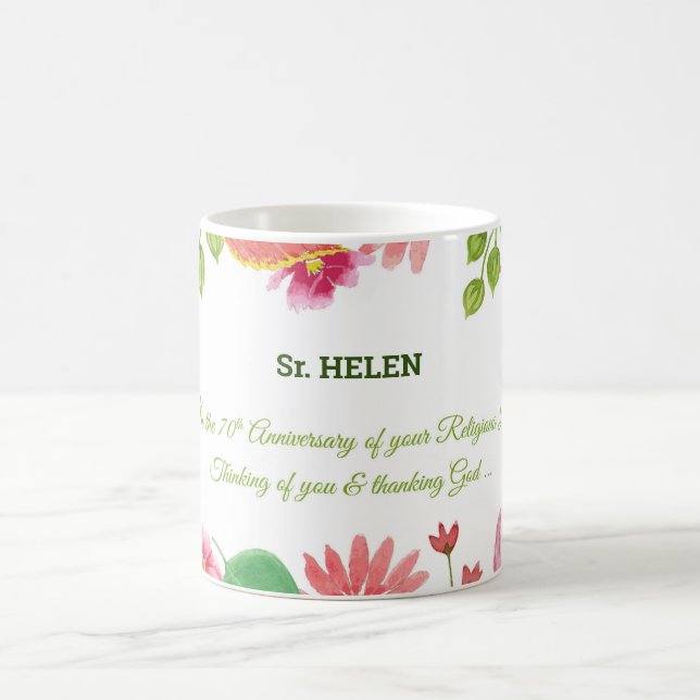 Nun Religious 70th Anniversary Watercolor Flowers Coffee Mug (Center)