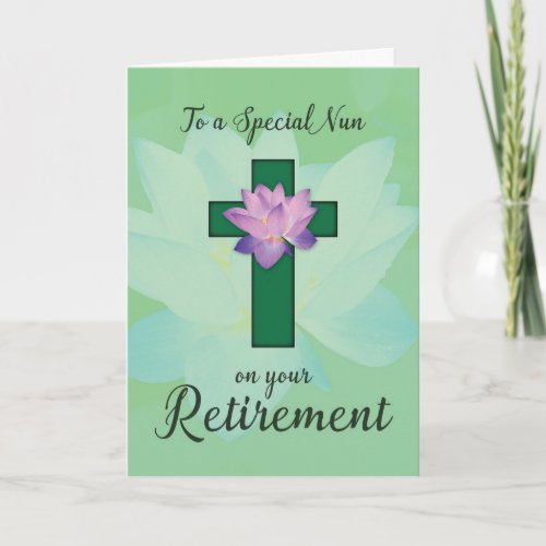 Nun Retirement Lotus Flower on Green Cross Card