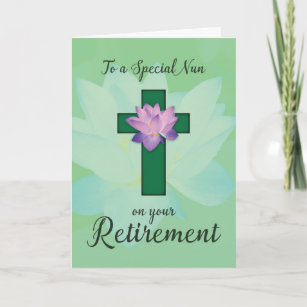 Nun Retirement, Lotus Flower on Green Cross Card