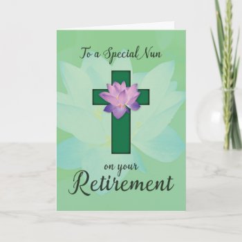 Nun Retirement  Lotus Flower On Green Cross Card by Religious_SandraRose at Zazzle