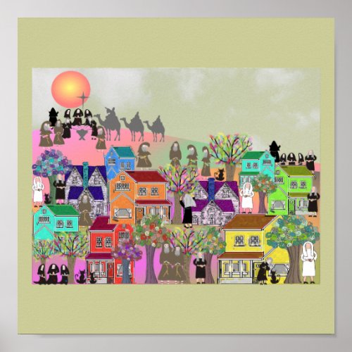 Nuns and Monks Village Art Poster