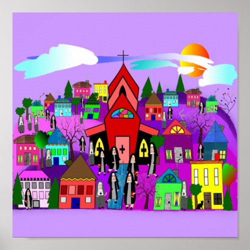 Nuns Art Poster Heading to Church Whimsical