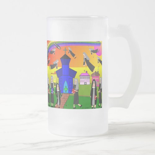 Nuns Flying Nuns Whimsical Art Frosted Glass Beer Mug