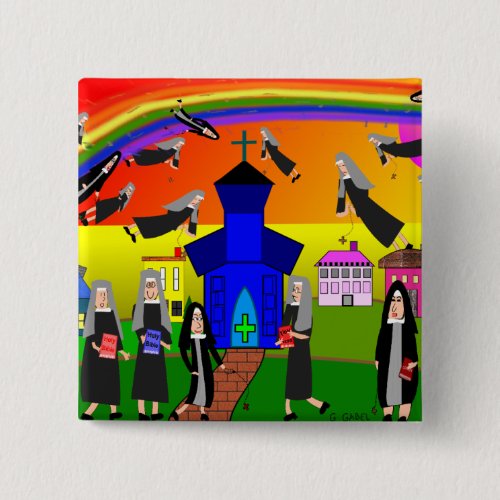 Nuns Flying Nuns Whimsical Art Pinback Button