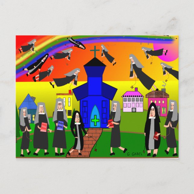 Nuns "Flying Nuns" Whimsical Art Postcard (Front)