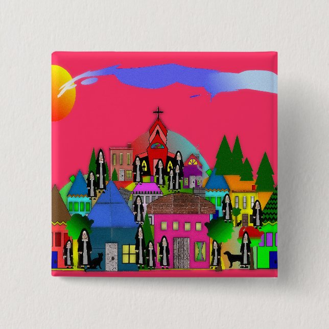 "Nuns of the Village" Whimsical Art Gifts Button (Front)