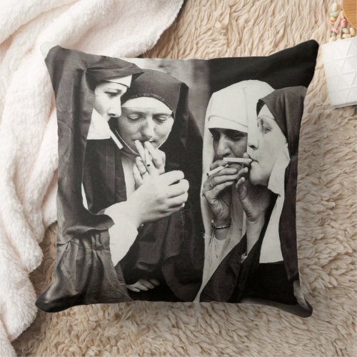 Nuns Smoking Vintage Photo Throw Pillow