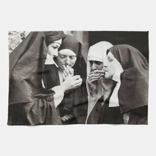 Nuns Smoking Vintage Photograph  Kitchen Towel (Horizontal)