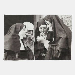 Nuns Smoking Vintage Photograph Kitchen Towel