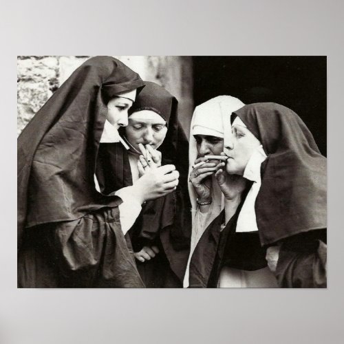 Nuns Smoking Vintage Photography 16x12in Poster