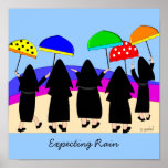 Nuns With Umbrellas Art Poster<br><div class="desc">Nuns waiting for rain art poster,  "Expecting Rain",  each nun holding a bright colored umbrella.  Created by a nurse for those who appreciate the Catholic Sisters.</div>