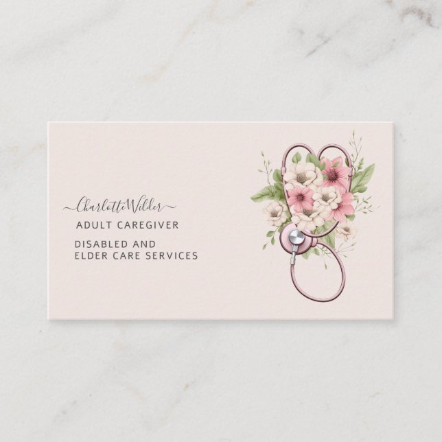 Nurse Adult Caregiver Floral Stethoscope Business Card (Front)