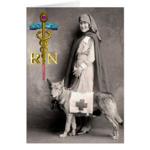 NURSE AND RESCUE DOG /Gold Caduceus RN Emblem Cards