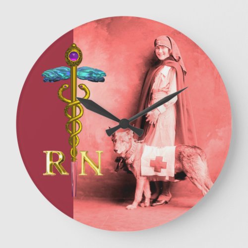 NURSE AND RESCUE DOG Gold Caduceus RN Emblem Large Clock