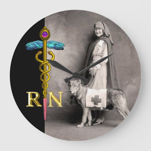 NURSE AND RESCUE DOG Gold Caduceus RN Emblem Large Clock