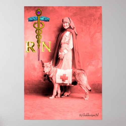 NURSE AND RESCUE DOG Gold Caduceus RN Emblem Poster