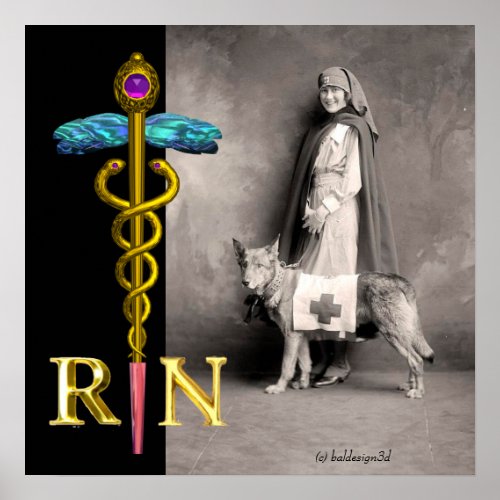 NURSE AND RESCUE DOG Gold Caduceus RN Emblem Poster
