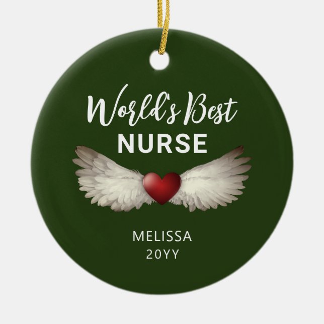 Nurse Angel Wings Heart Keepsake Name Christmas  Ceramic Ornament (Front)