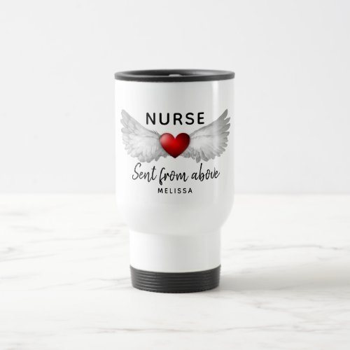 Nurse Angel Wings Red Heart Script Personalized Travel Mug