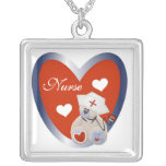 Nurse Bear With Heart T-shirts and Gifts Silver Plated Necklace