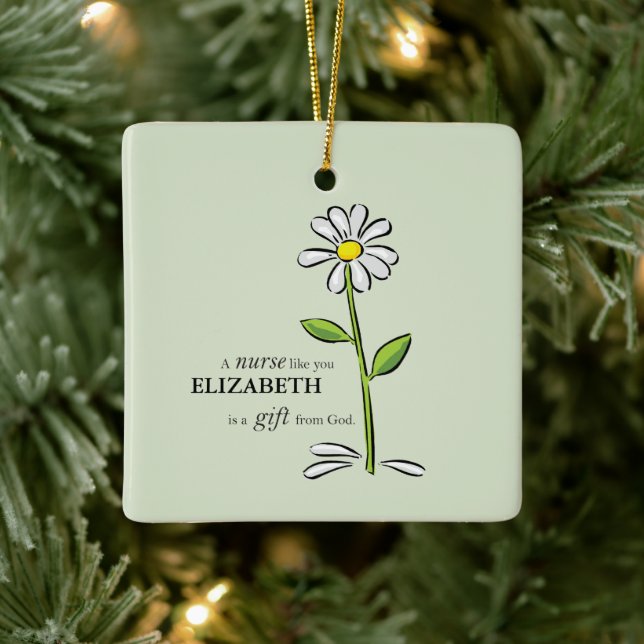 Nurse Birthday Religious Green Daisy Personalized Ceramic Ornament (Tree)