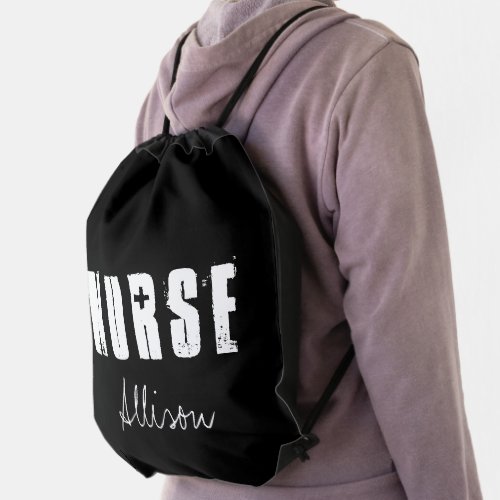 Nurse Black White Typography Medical Personalized Drawstring Bag