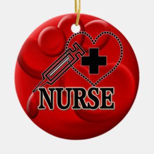 NURSE BLOOD CELLS SYRINGE HEART LOGO CERAMIC ORNAMENT