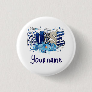 Nurse blue bold glittery animal pattern, flowers button