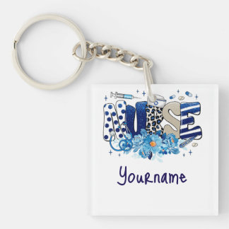Nurse blue bold glittery animal pattern, flowers keychain
