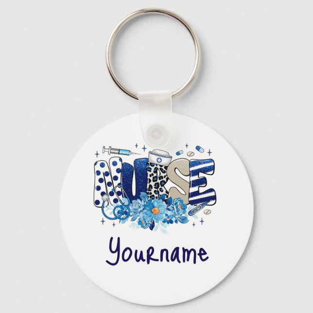 Nurse blue bold glittery animal pattern, flowers keychain (Front)