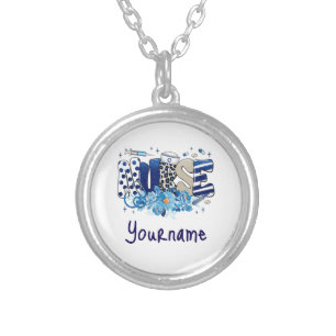 Nurse blue bold glittery animal pattern, flowers silver plated necklace