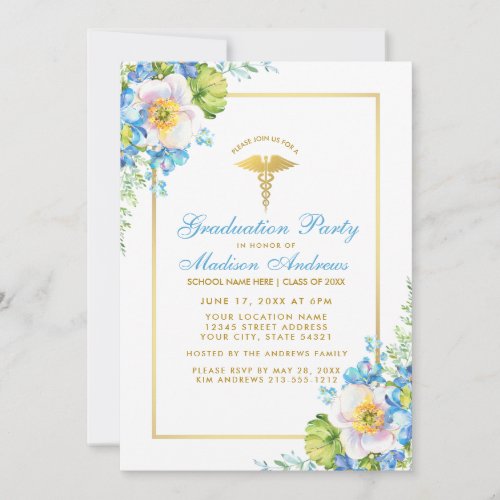 Nurse Blue Floral Gold Grad Party Invitation GB