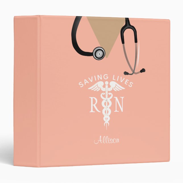 Nurse Blush Pink Scrub Top Stethoscope Monogram 3 Ring Binder (Front/Spine)